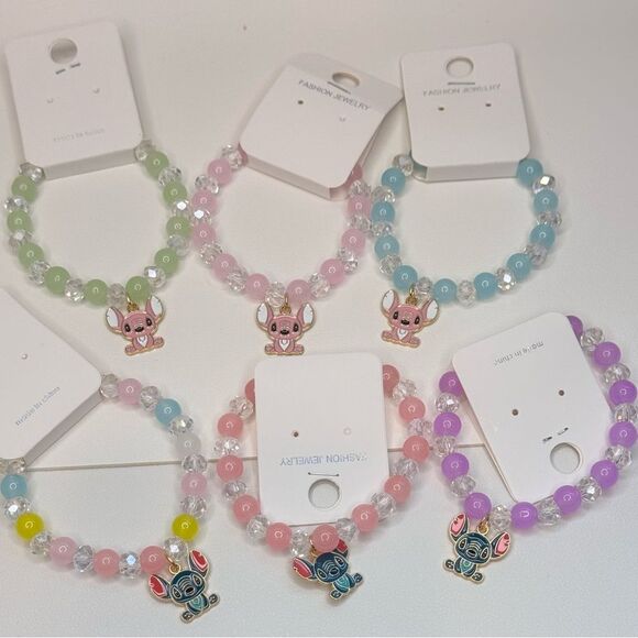 Colorful Kids Beaded Stretch Bracelet Pink beads green charm - Picture 4 of 7